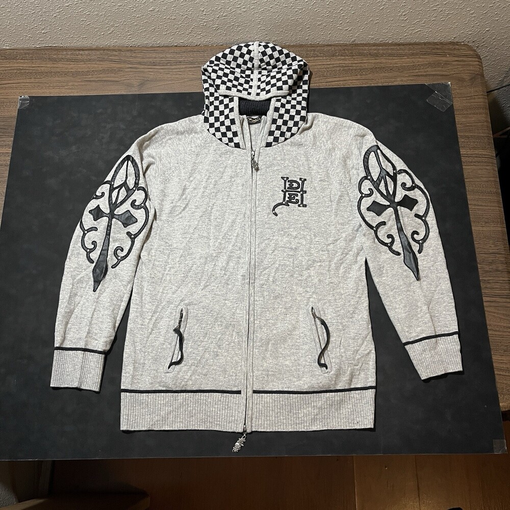 Ed Hardy Cashmere Hoodie Sweater Christian Audigier Leather Skull Studded Wool